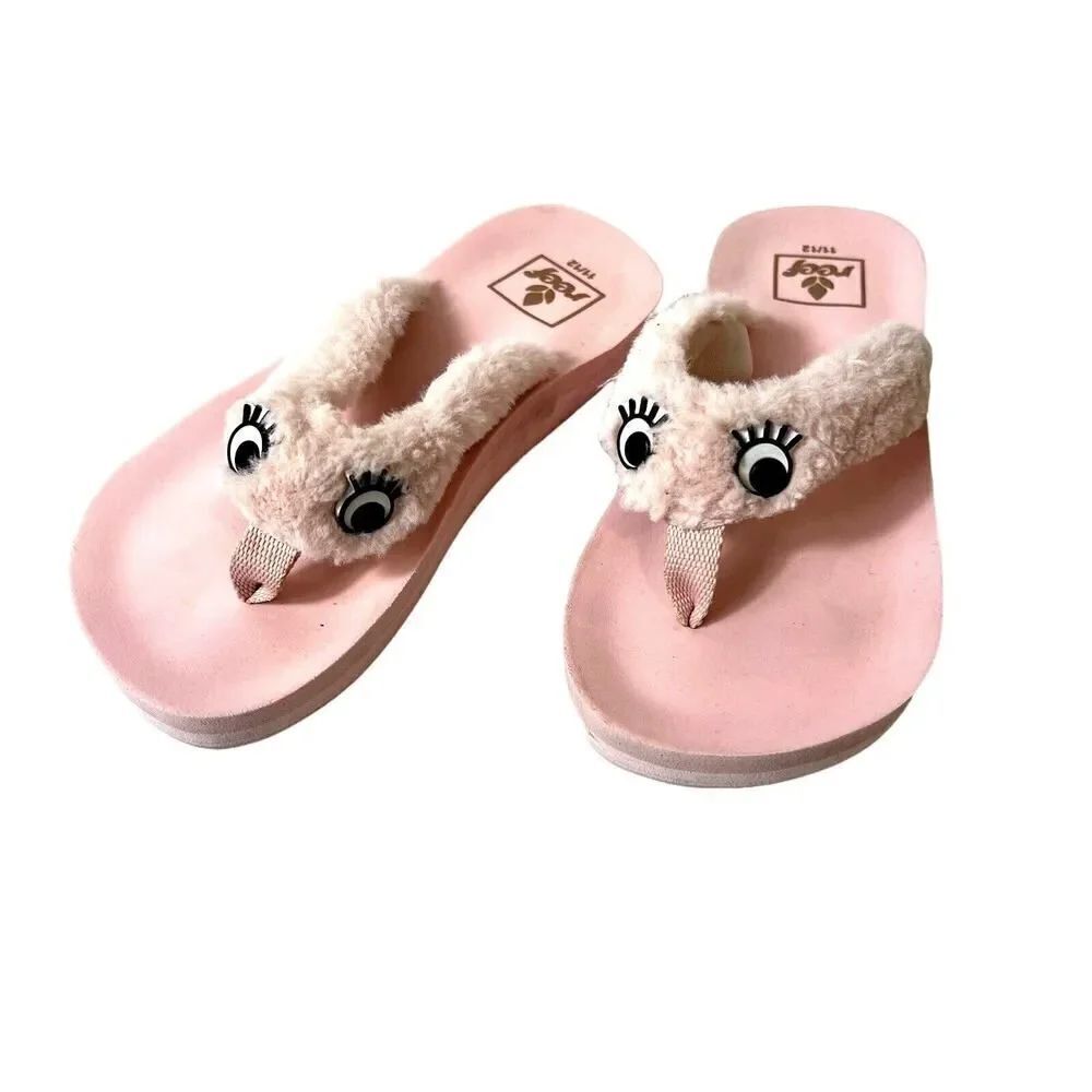 Reef Kids Flat Rubber Thong Pink Sandals Little Girls 11/12 Pink Faux Fur Straps